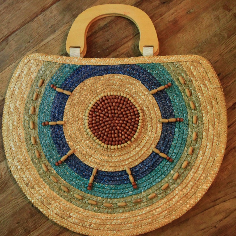90's Straw/Wood Purse with Beaded Sunburst Boho